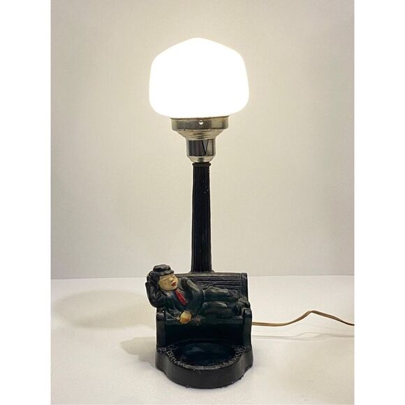 Vintage Charlie Chaplin Sleeping Bench Bar Table Lamp Ashtray Chalkware 18in - Picture 1 of 11